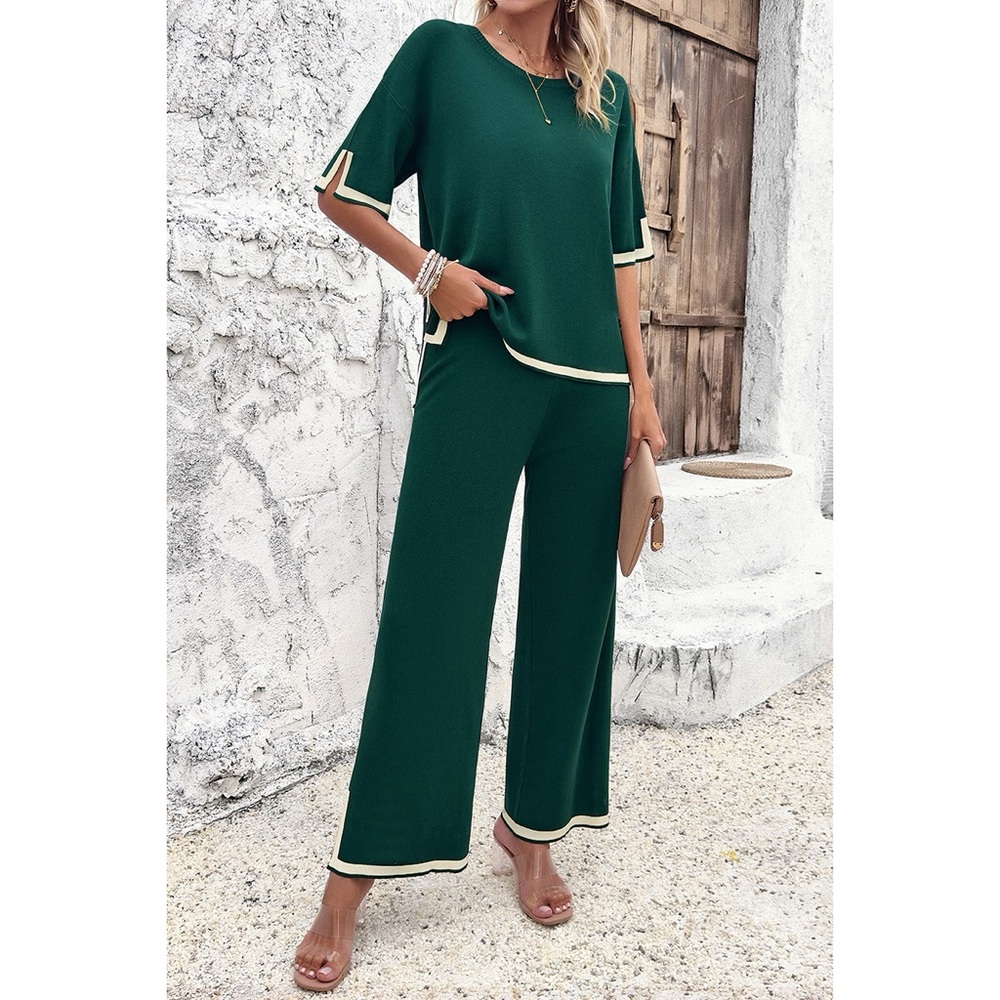 Two Pieces Outfits Knit Short Sleeve Wide Leg Lounge Sets - Picture 13 of 13